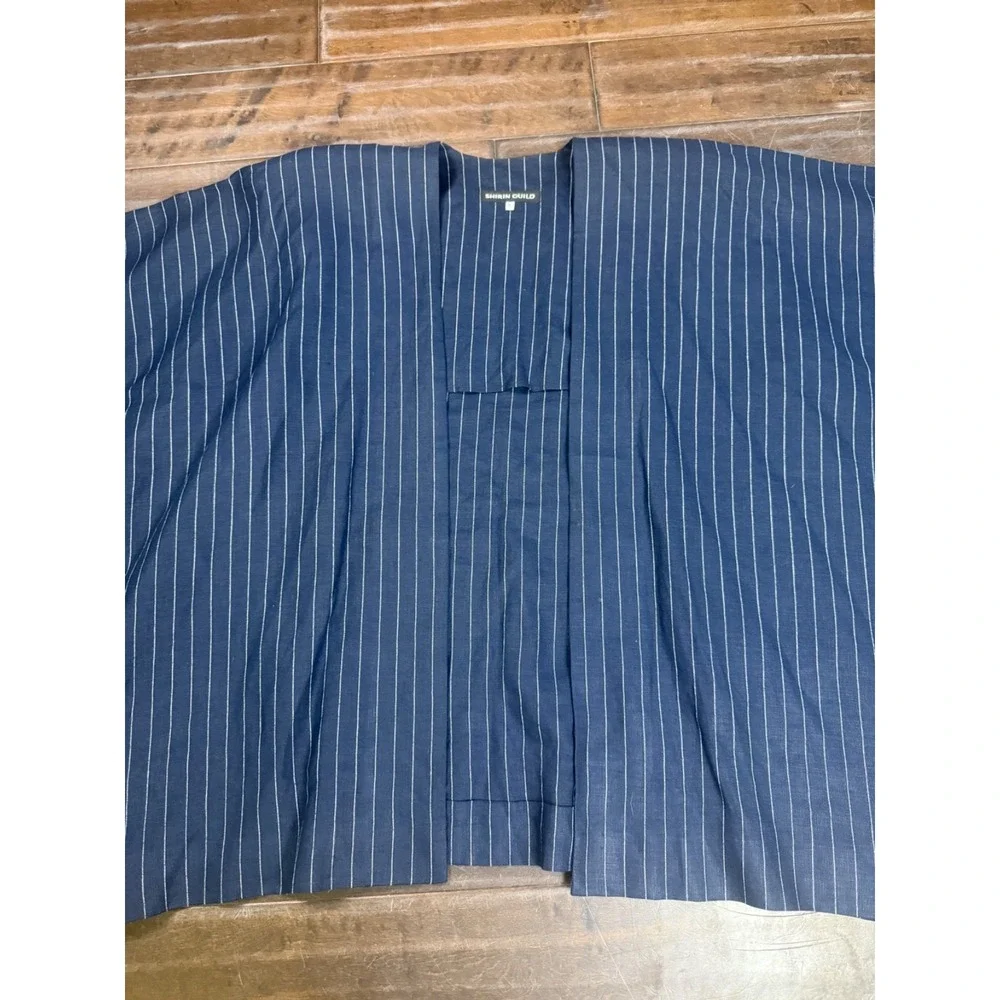 Shirin Guild Kimono Inspired Jacket Open Art Lagenlook Striped | Blue | Medium
